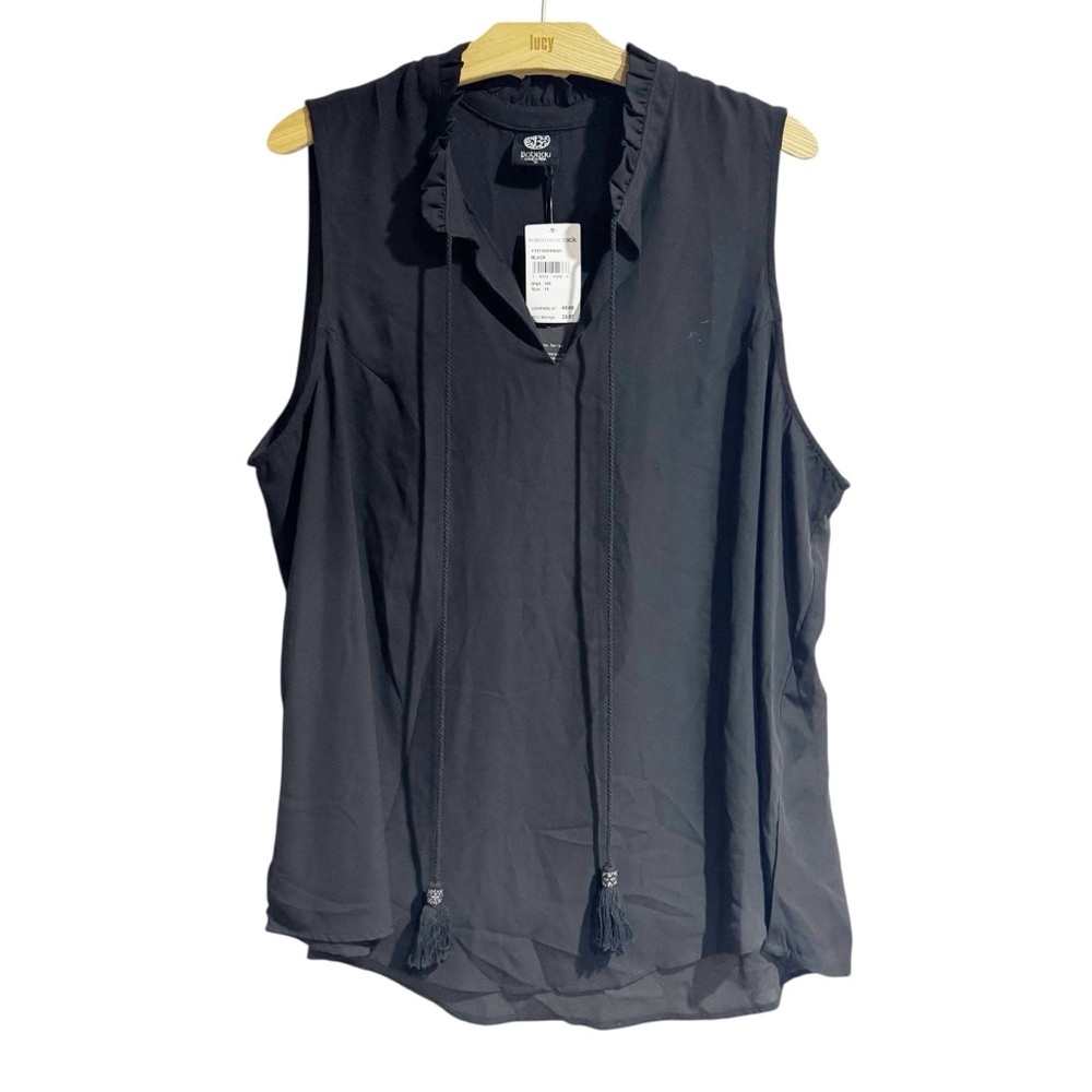 BOBEAU Women 1X Black Sleeveless Sheer Blouse Ruffled Collar V Neck Tassels Boho